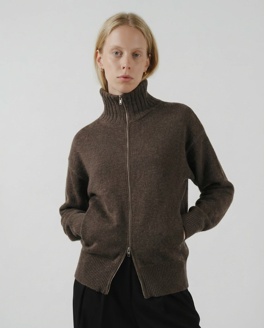 woman wearing a dark brown zip-up cardigan sweater made in italy casa nodale merino wool and cashmere