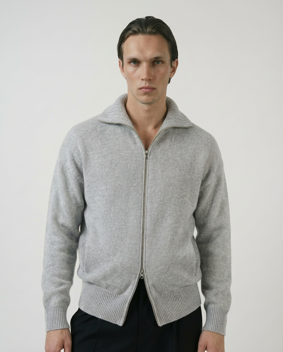man wearing a light gray zip-up cardigan sweater made in italy casa nodale merino wool and cashmere