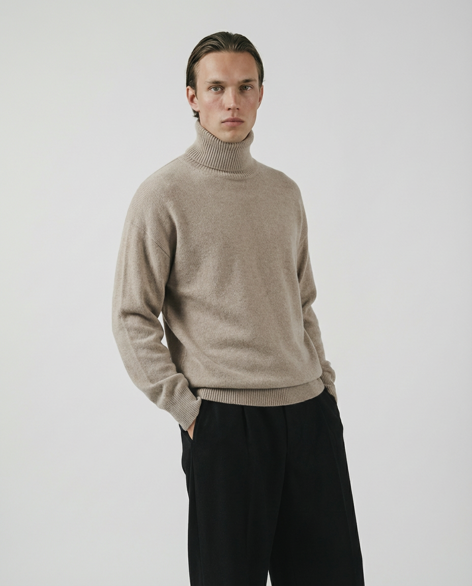 man wearing a beige turtleneck sweater made in italy casa nodale merino wool and cashmere
