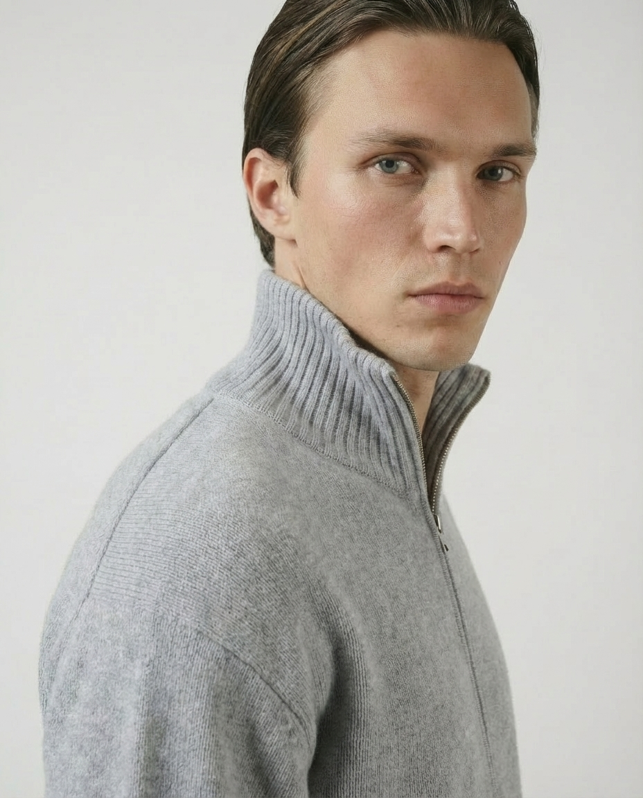 man wearing a light gray zip-up cardigan sweater made in italy casa nodale merino wool and cashmere