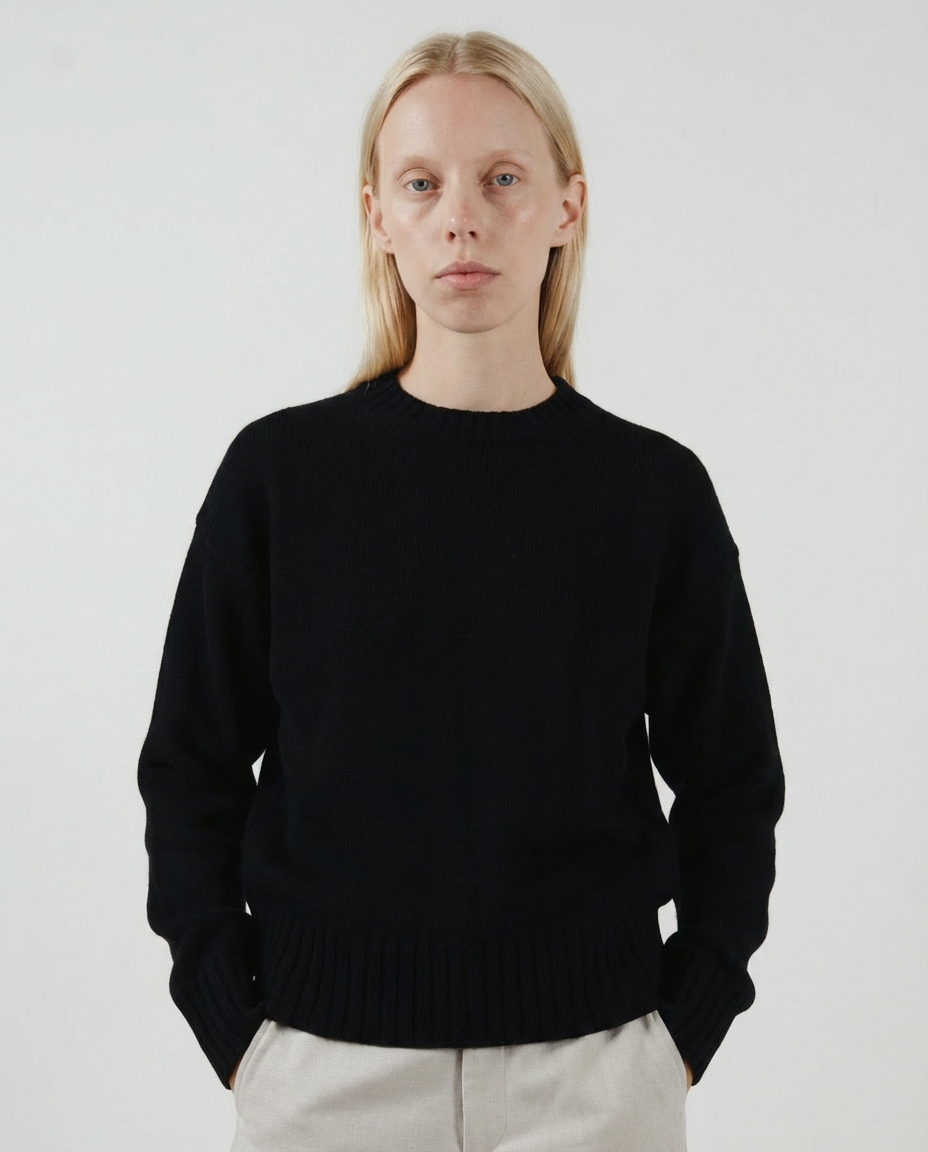 woman wearing a dark black crewneck sweater made in italy casa nodale merino wool and cashmere