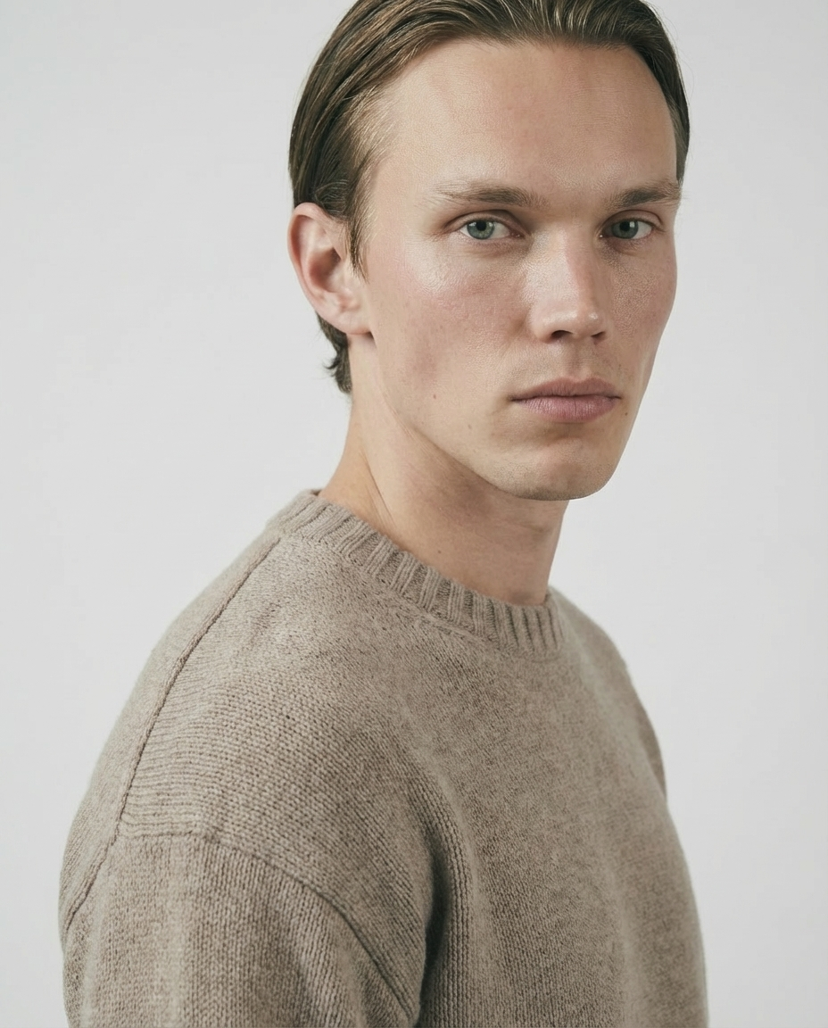 man wearing a beige taupe crewneck sweater made in italy casa nodale merino wool and cashmere