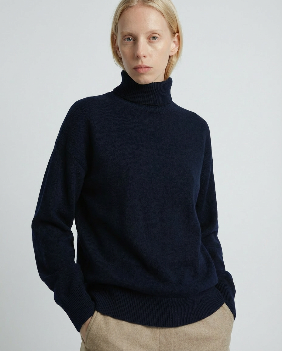 woman wearing a dark blue navy charcoal turtleneck sweater made in italy casa nodale merino wool and cashmere