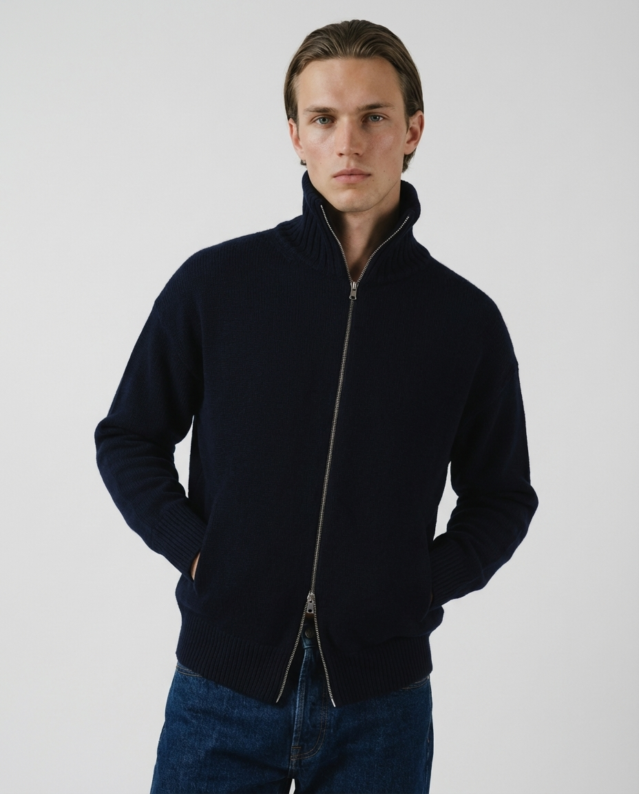 Man wearing a dark blue navy zip-up cardigan sweater made in italy casa nodale merino wool and cashmere