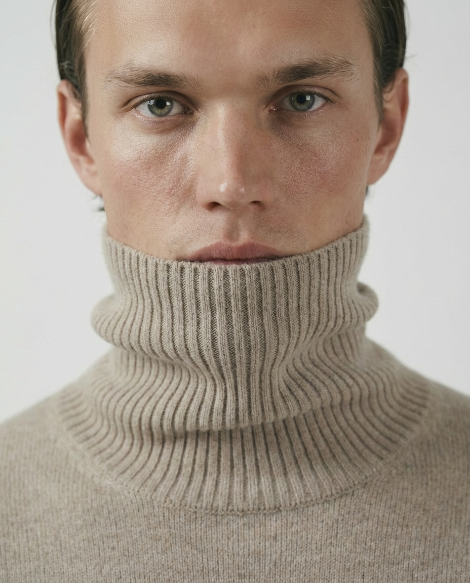 man wearing a beige turtleneck sweater made in italy casa nodale merino wool and cashmere