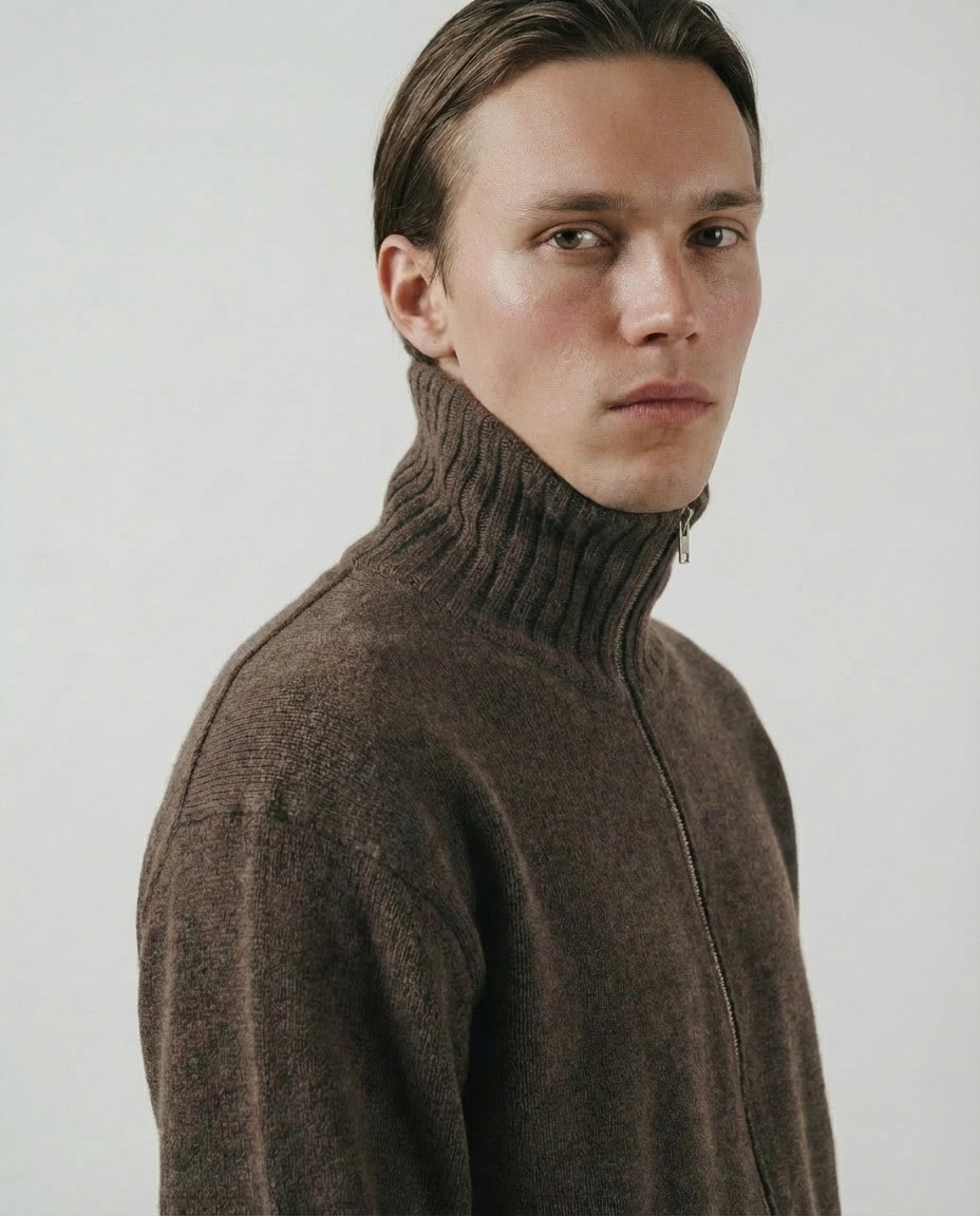 man wearing a dark brown zip-up cardigan sweater made in italy casa nodale merino wool and cashmere