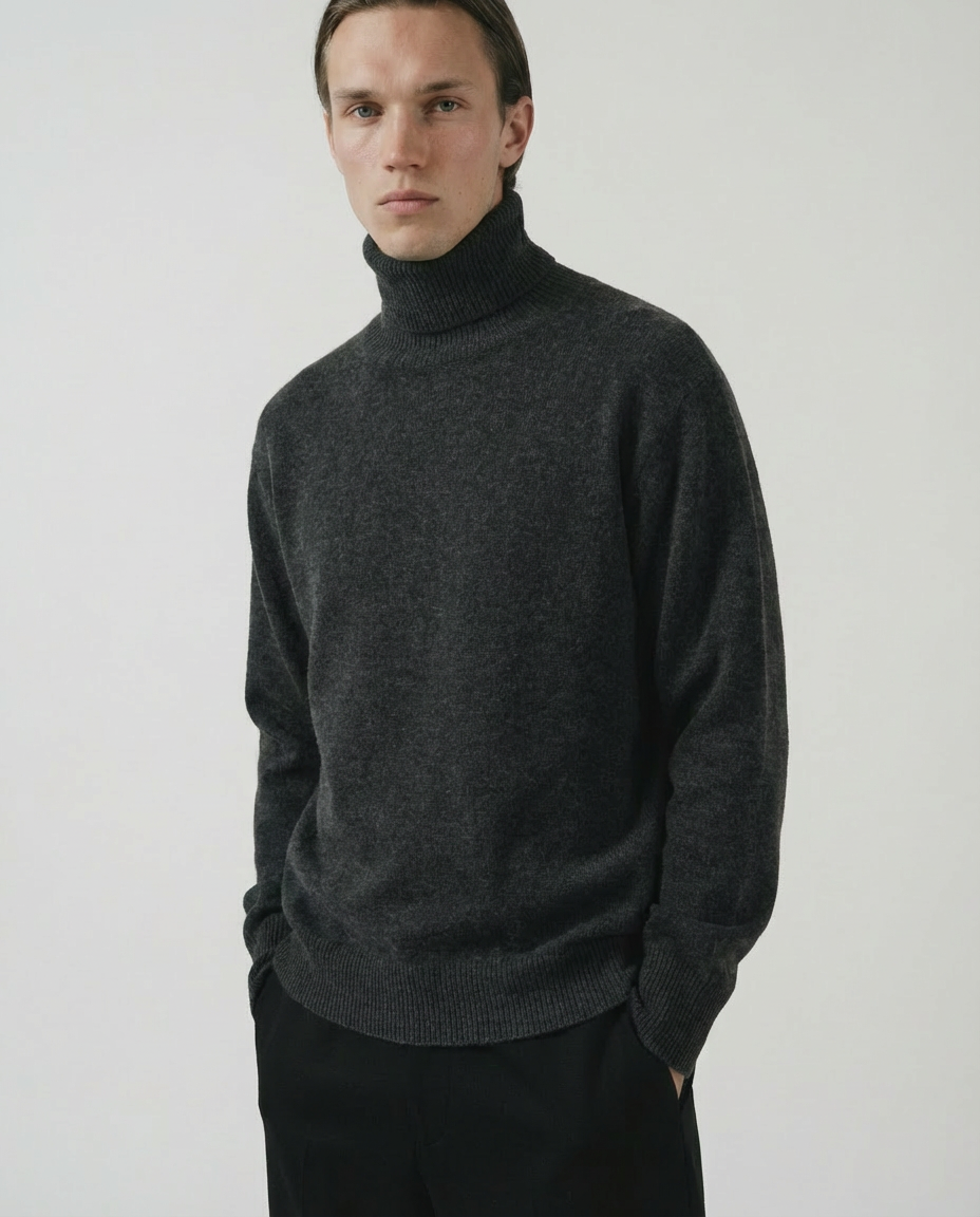 man wearing a dark gray charcoal turtleneck sweater made in italy casa nodale merino wool and cashmere