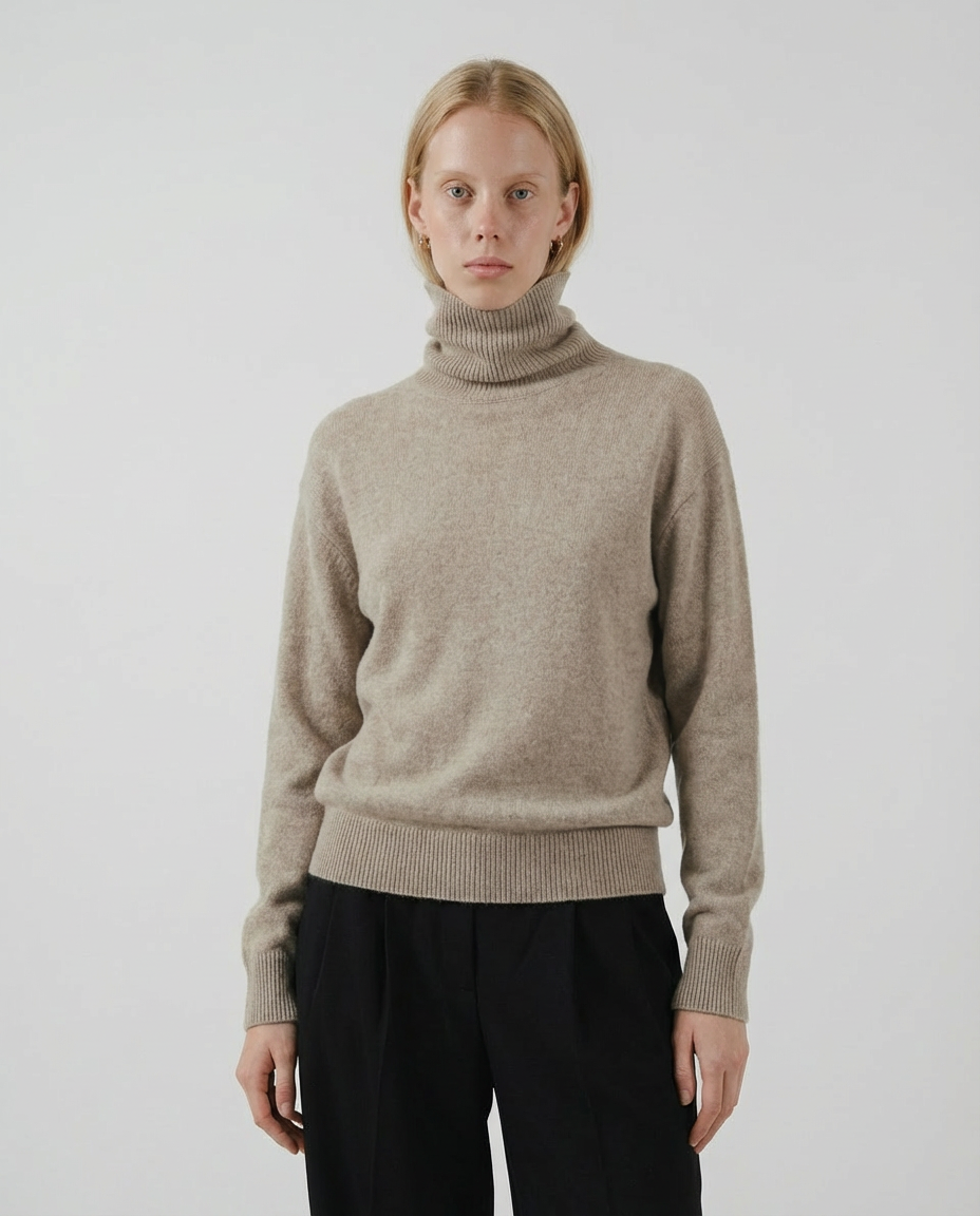woman wearing a beige turtleneck sweater made in italy casa nodale merino wool and cashmere