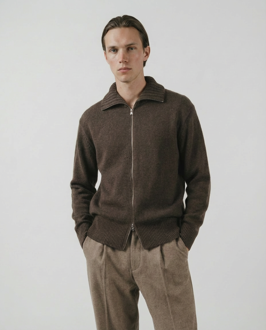 man wearing a dark brown zip-up cardigan sweater made in italy casa nodale merino wool and cashmere