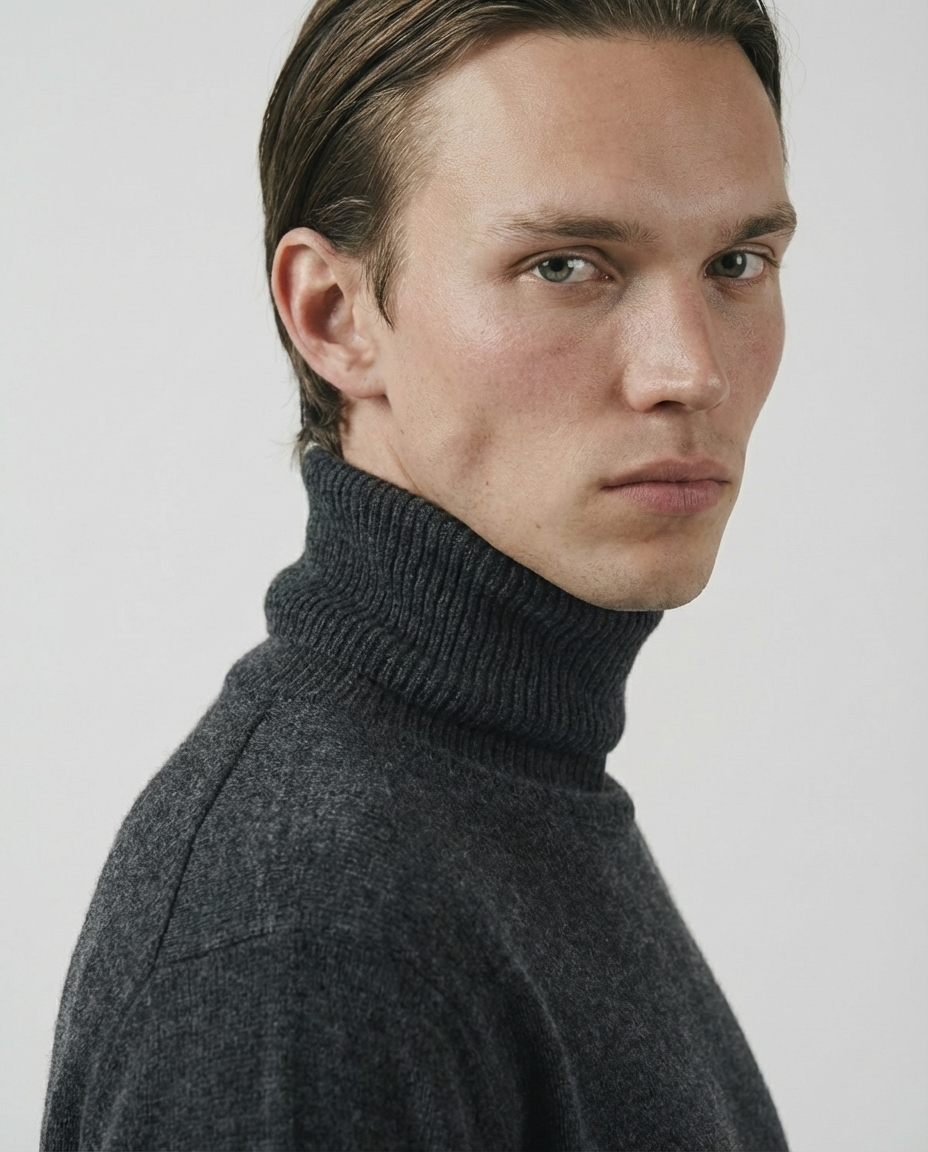 man wearing a dark gray charcoal turtleneck sweater made in italy casa nodale merino wool and cashmere