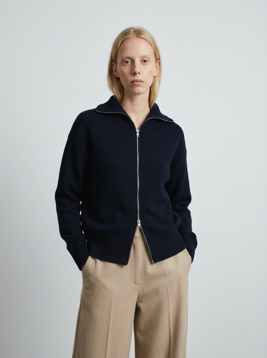 woman wearing a dark blue navy zip-up cardigan sweater made in italy casa nodale merino wool and cashmere