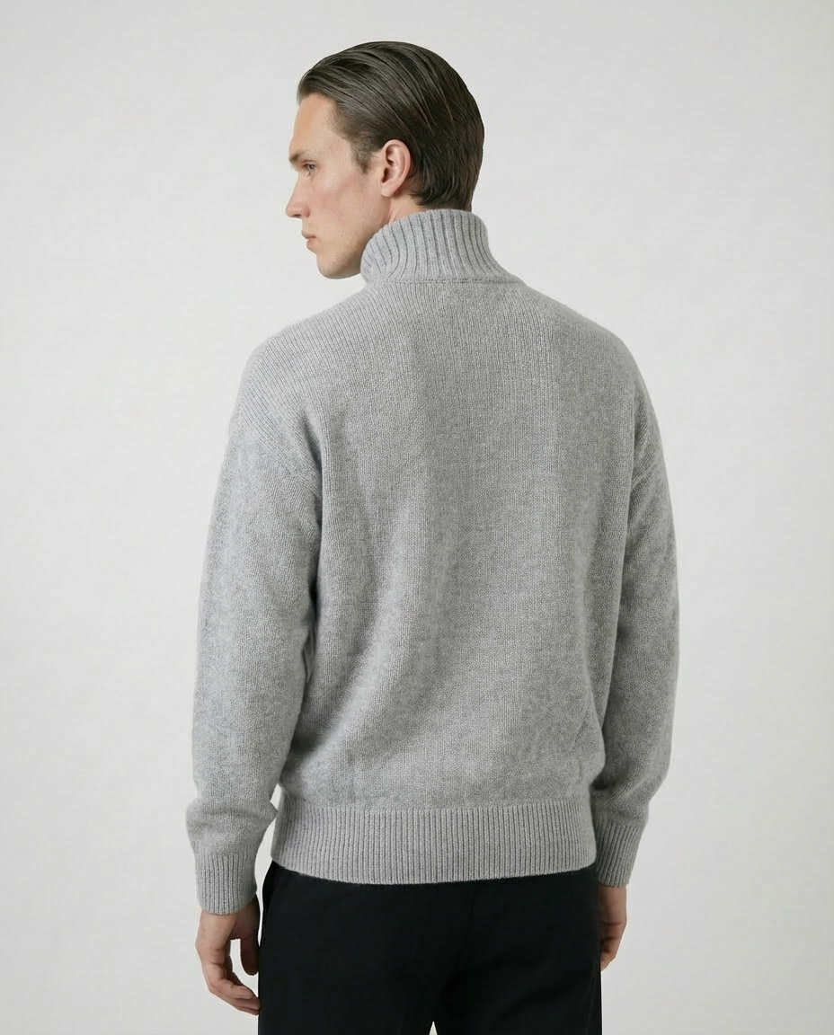 man wearing a light gray zip-up cardigan sweater made in italy casa nodale merino wool and cashmere