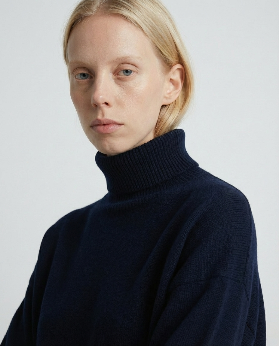 woman wearing a dark blue navy turtleneck sweater made in italy casa nodale merino wool and cashmere