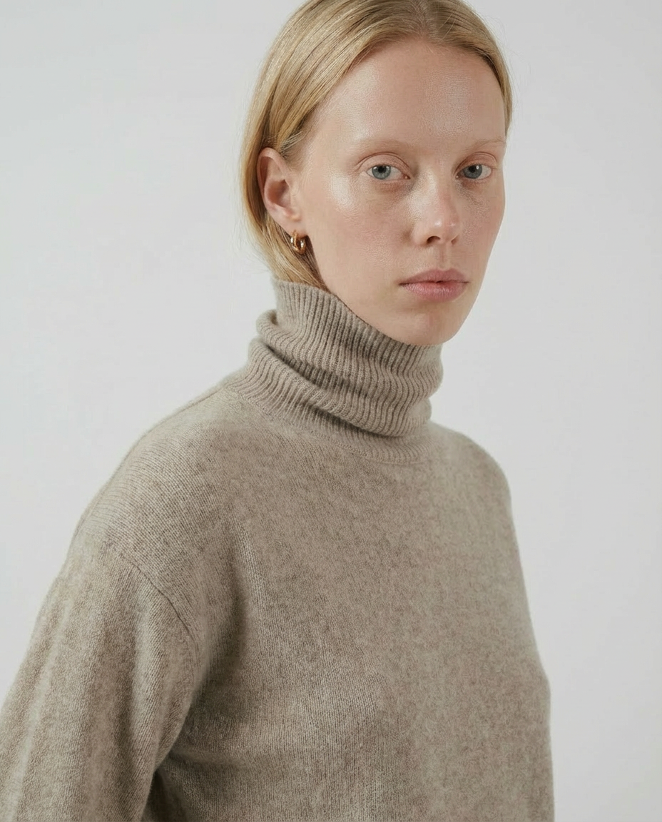 woman wearing a beige turtleneck sweater made in italy casa nodale merino wool and cashmere