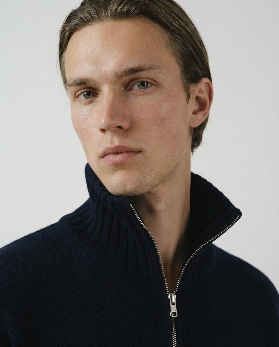 man wearing a dark blue navy zip-up cardigan sweater made in italy casa nodale merino wool and cashmere
