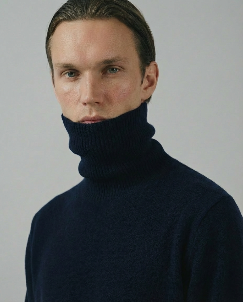 man wearing a dark blue navy turtleneck sweater made in italy casa nodale merino wool and cashmere