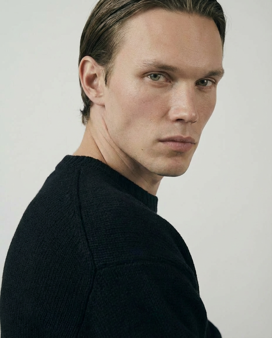 man wearing a dark black crewneck sweater made in italy casa nodale merino wool and cashmere