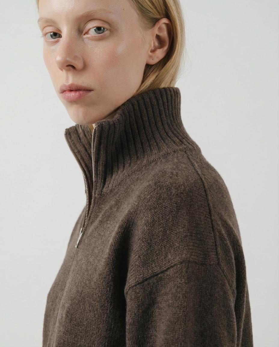 woman wearing a dark brown zip-up cardigan sweater made in italy casa nodale merino wool and cashmere